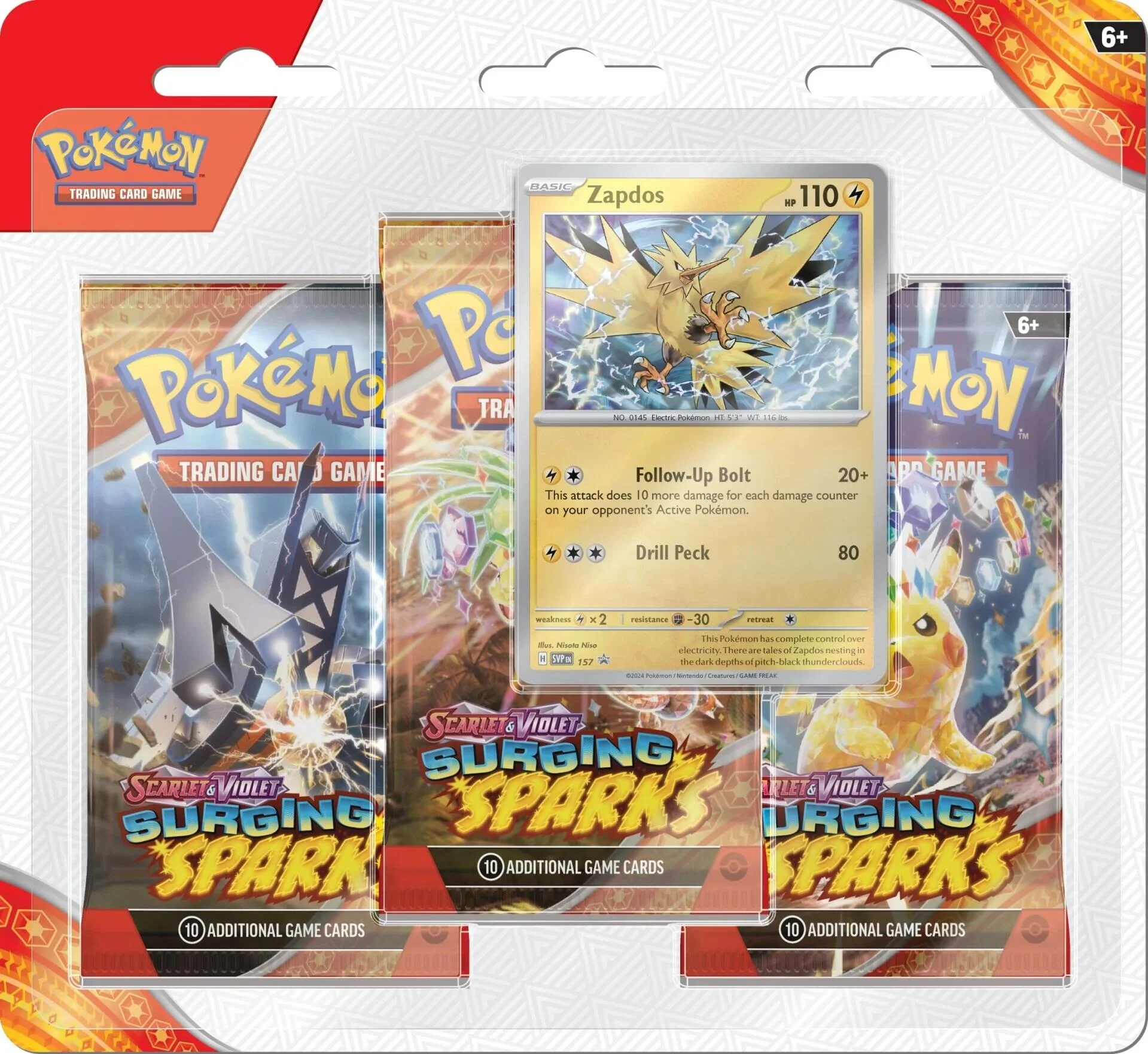 Pokémon TCG: Scarlet & Violet: Surging Sparks - 3 Pack Blisters (Zapdos) - Image 3
